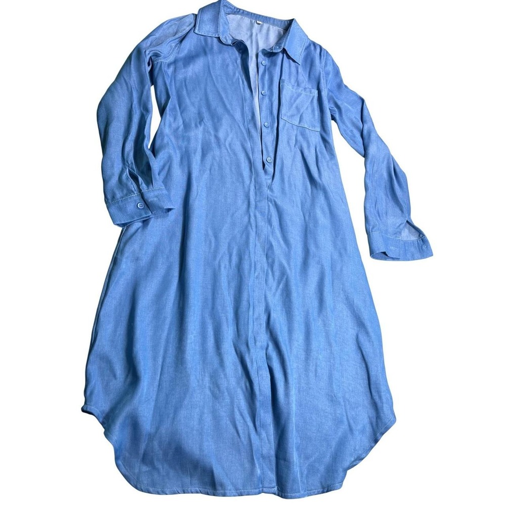 Women's Small Blue Linen Blend Midi Shirt Dress Button Front Coastal Minimalist